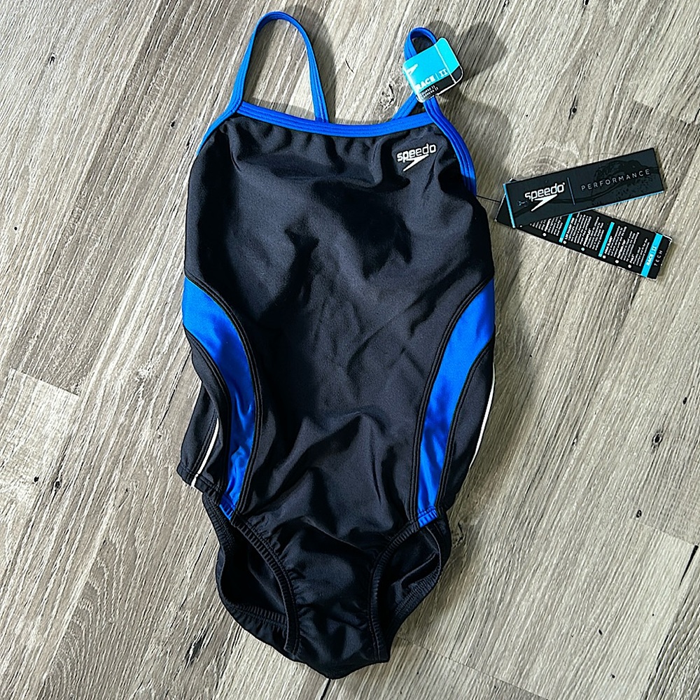 NWT SPEEDO Race II Performance Tech Swimsuit Size 26, One Piece - Black & Blue